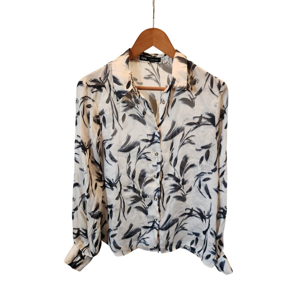 Zara Silk Blouse Cream Black Floral